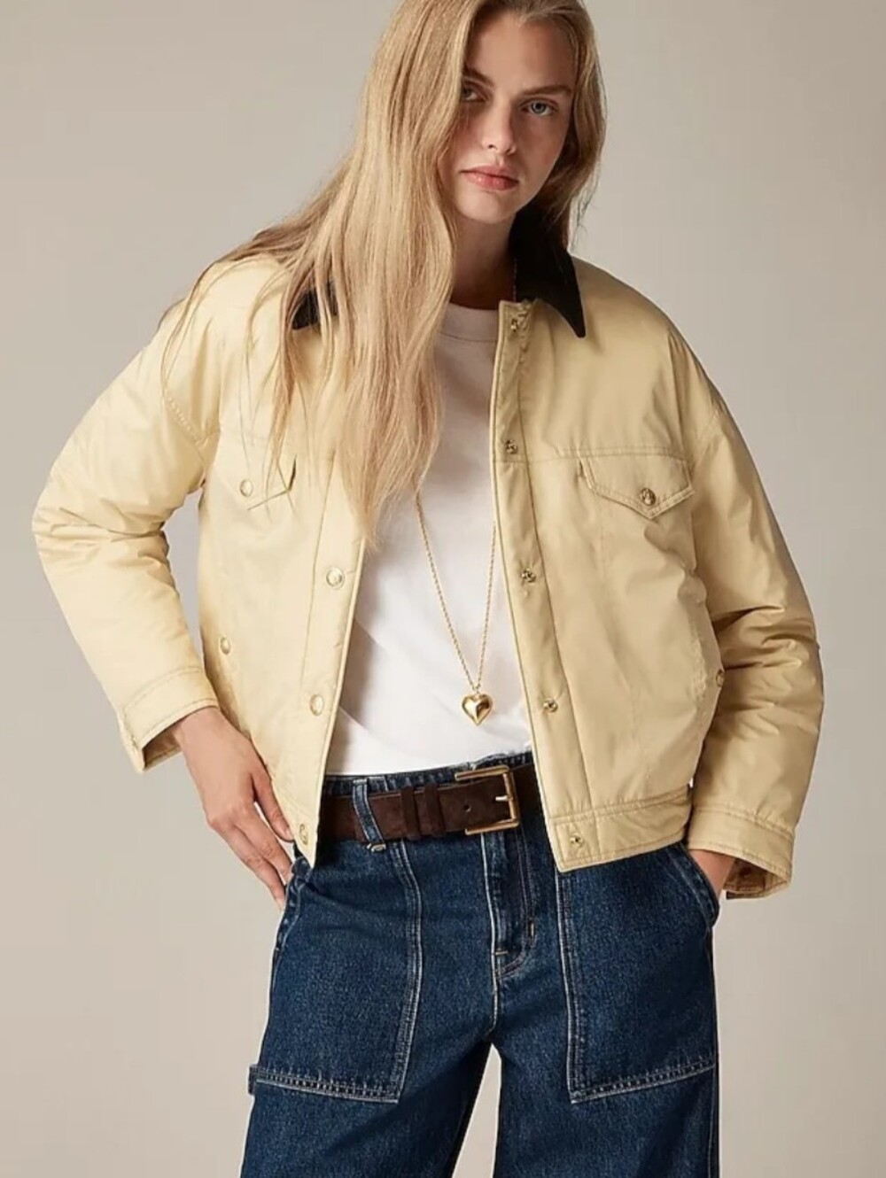 J. Crew Puffer Trucker Yellow Brown Corduroy Boxy Barn Chore Coat Jacket Size L